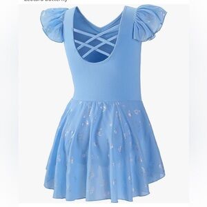 girls' blue ballet or dance dress flutter sleeves and a skirt butterfly accents